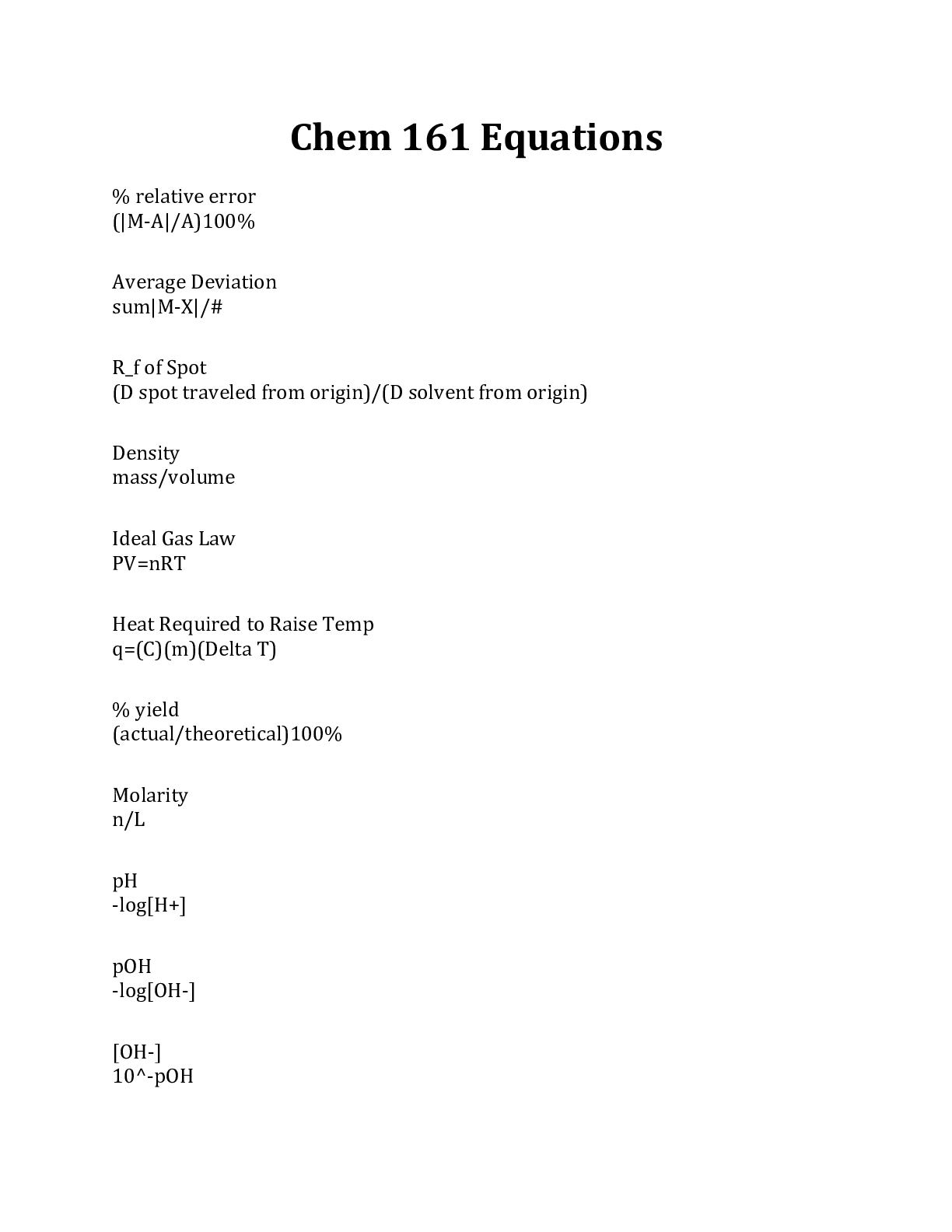 Preview image for Chem 161 Equations 100% Correct